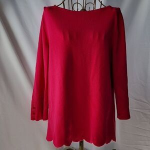 Scalloped Hem Fuschia 3/4" Sleeved Bateau Neck Finely Knit Ribbed Sweater Fun